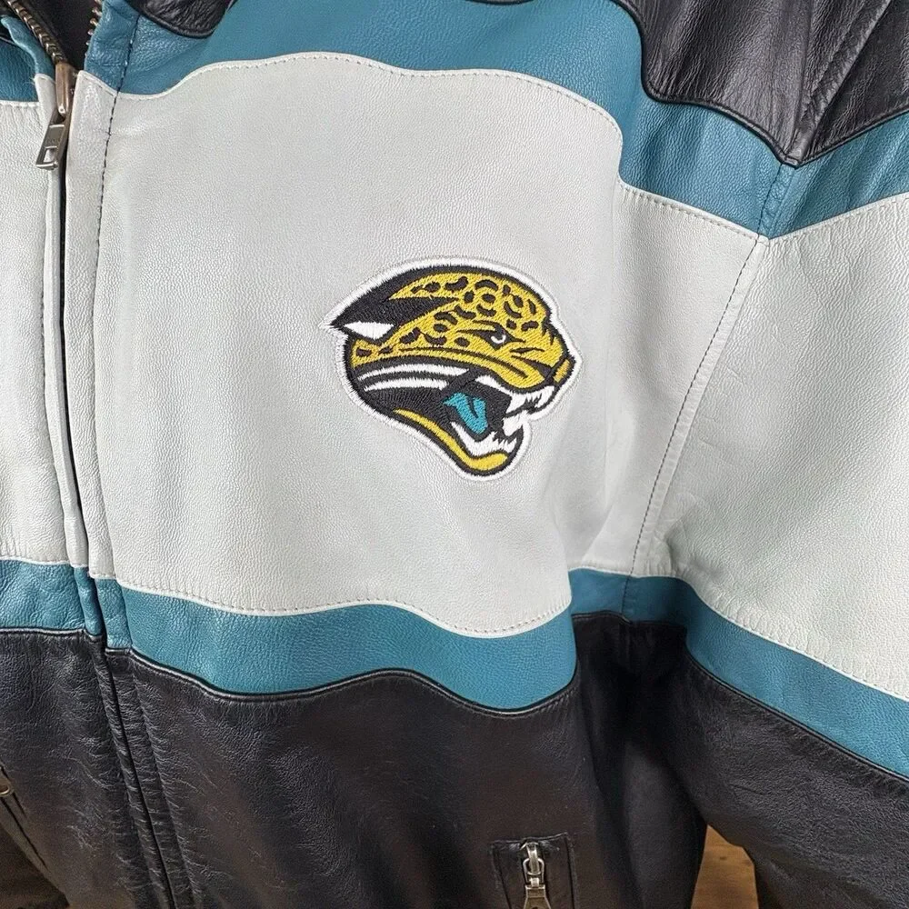Vtg. 90s Reebok NFL Jacksonville Jaguars Large Leather Bomber Jacket Zip Boxy